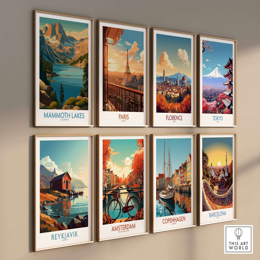 Gallery of travel posters showcasing Mammoth Lakes, Paris, Florence, Tokyo, Reykjavik, Amsterdam, Copenhagen, and Barcelona.