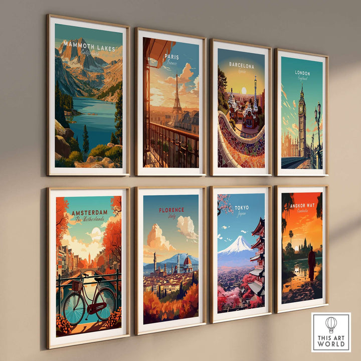 Collection of travel posters including Mammoth Lakes, Paris, and Barcelona, showcasing iconic cityscapes and landscapes.
