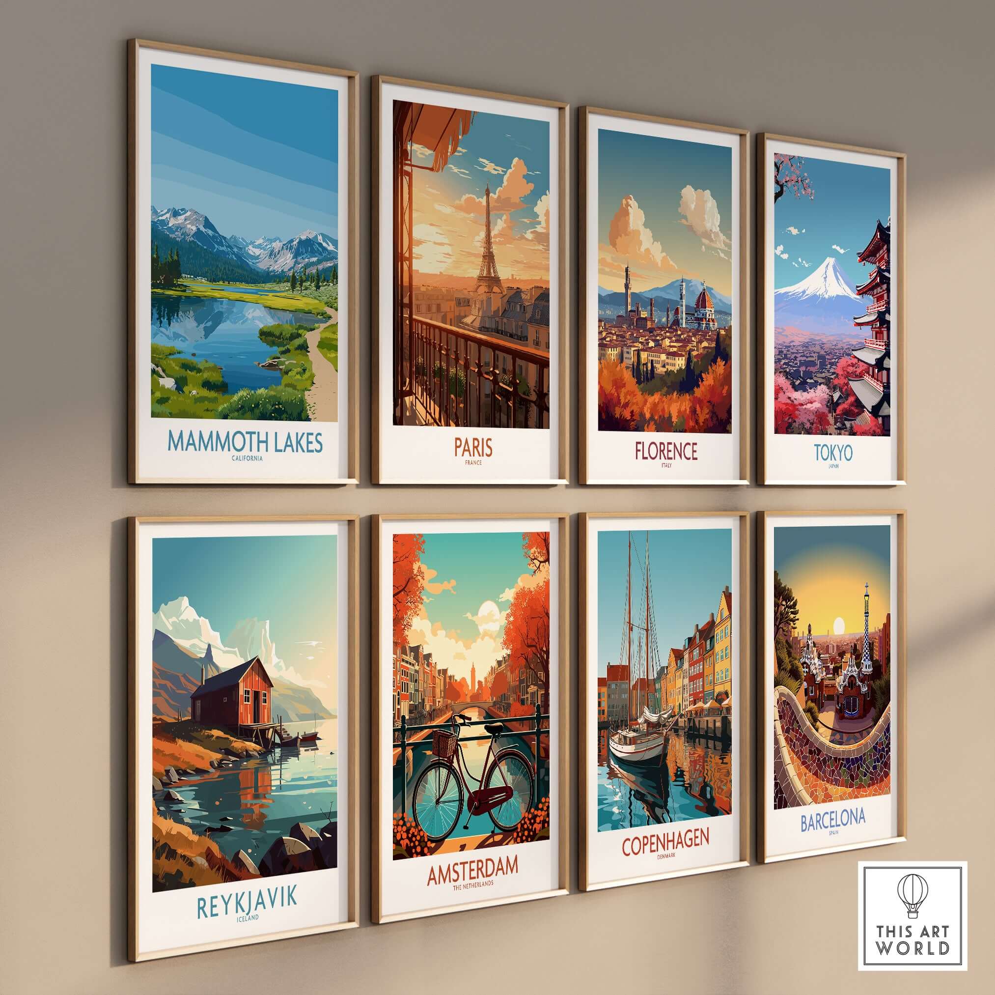Mammoth Lakes Wall Art California Travel Print showcasing vibrant landscapes and city prints framed on a wall.