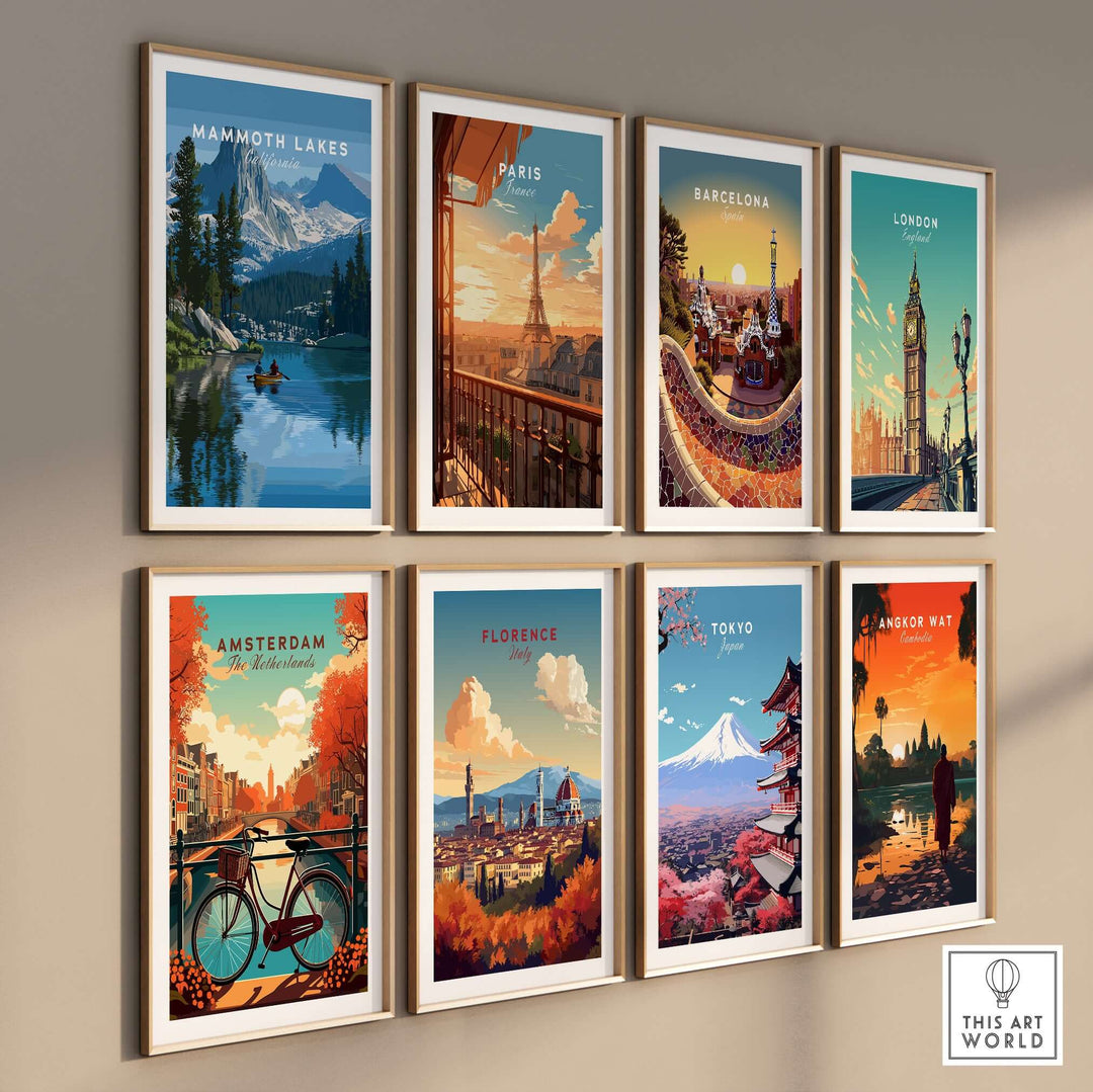 Colorful wall art prints featuring iconic cities including Mammoth Lakes, Paris, and Tokyo, perfect for travel enthusiasts.