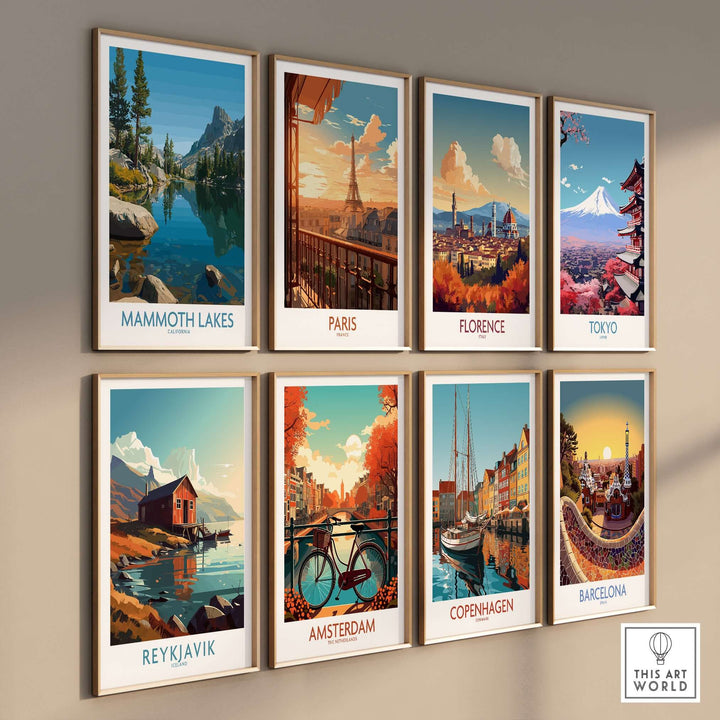 Gallery of travel wall art, including Mammoth Lakes, Paris, Florence, Tokyo, and more, showcasing scenic landscapes.