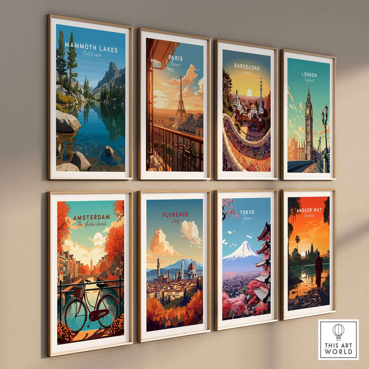 Gallery of vintage travel posters featuring Mammoth Lakes, Paris, Barcelona, London, Amsterdam, Florence, Tokyo, and Angkor Wat.