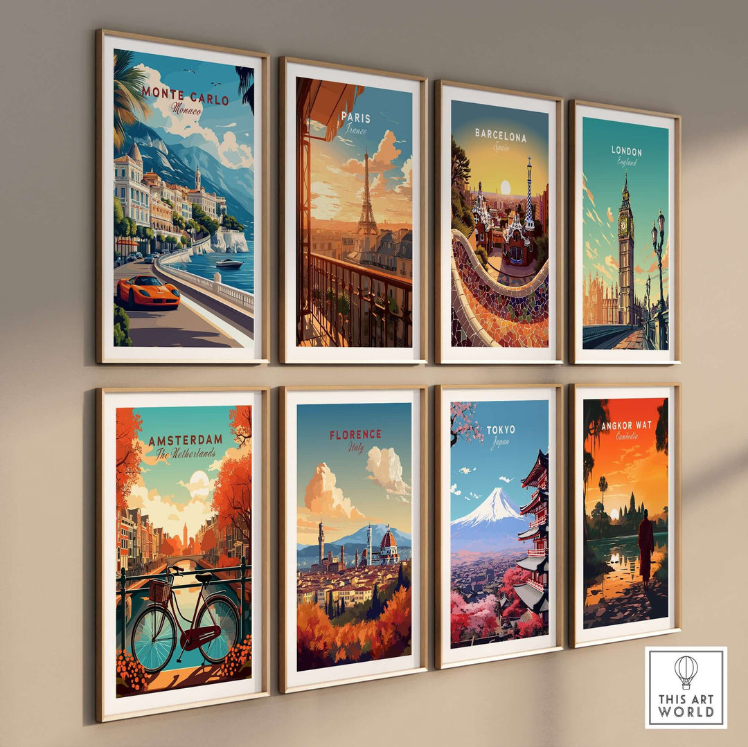 Collection of vintage travel posters featuring Monte Carlo, Paris, Barcelona, London, Amsterdam, Florence, Tokyo, and Angkor Wat.