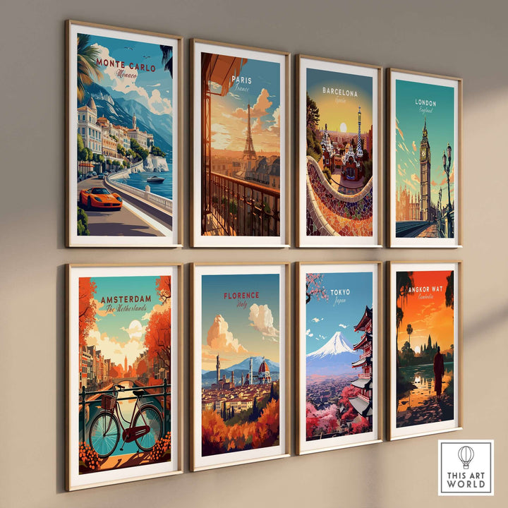 Collection of vintage travel posters featuring Monte Carlo, Paris, Barcelona, London, Amsterdam, Florence, Tokyo, and Angkor Wat.