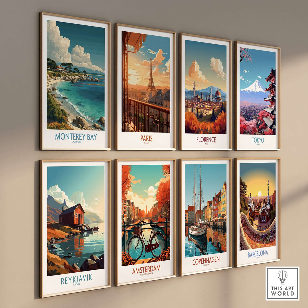 Colorful travel posters featuring iconic locations: Monterey Bay, Paris, Florence, Tokyo, Reykjavik, Amsterdam, Copenhagen, Barcelona.