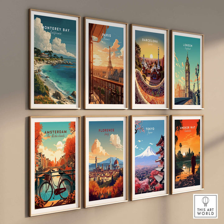 Collection of travel posters featuring Monterey Bay, Paris, Barcelona, London, Amsterdam, Florence, Tokyo, Angkor Wat.