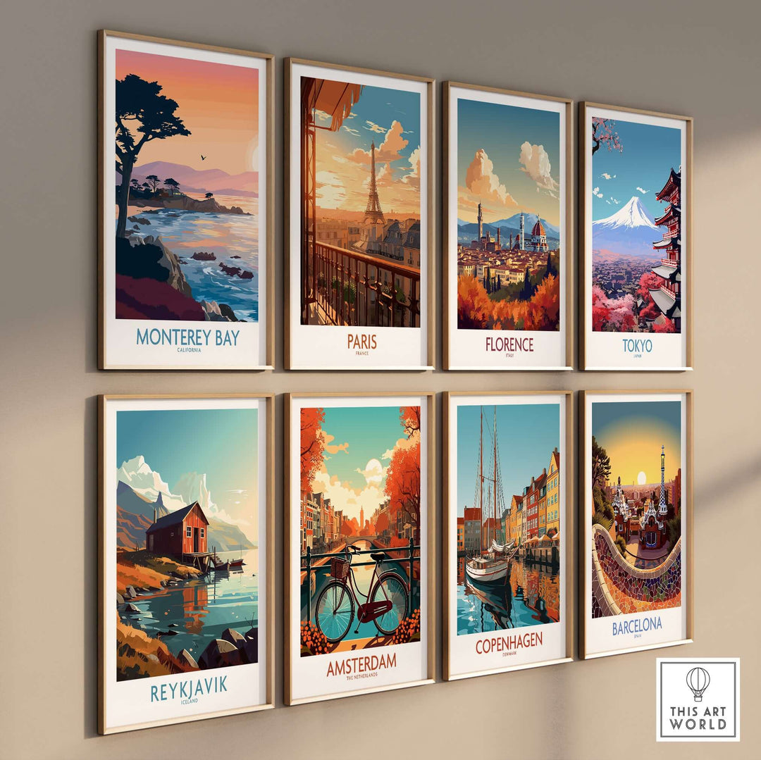 Gallery of travel posters featuring Monterey Bay, Paris, Florence, Tokyo, Reykjavik, Amsterdam, Copenhagen, and Barcelona.