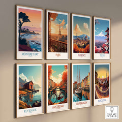 Monterey Bay California Sunset Coastline Poster - Cypress Tree Wall Art displayed among various city posters