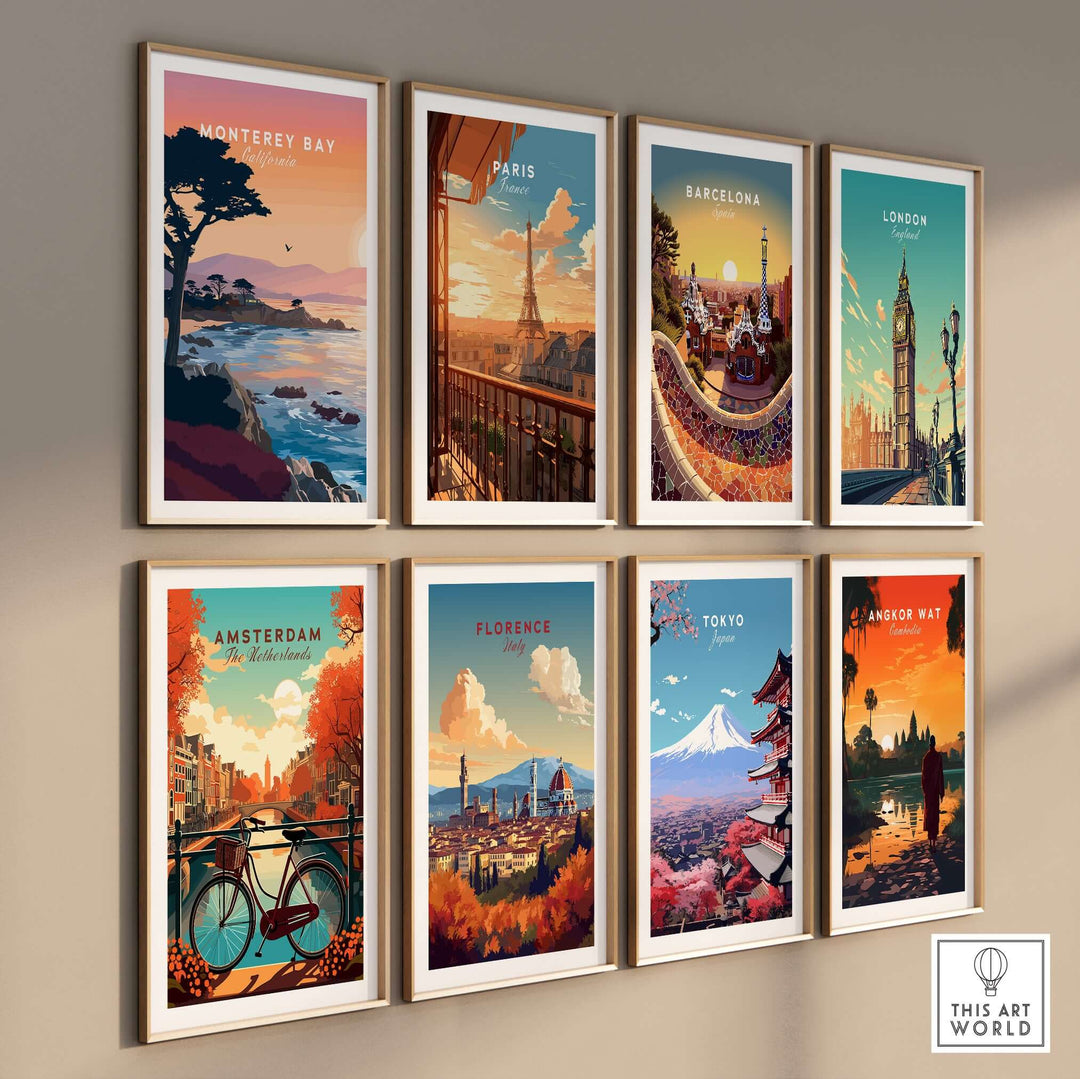 Gallery of travel posters featuring Monterey Bay, Paris, Barcelona, London, Amsterdam, Florence, Tokyo, Angkor Wat.