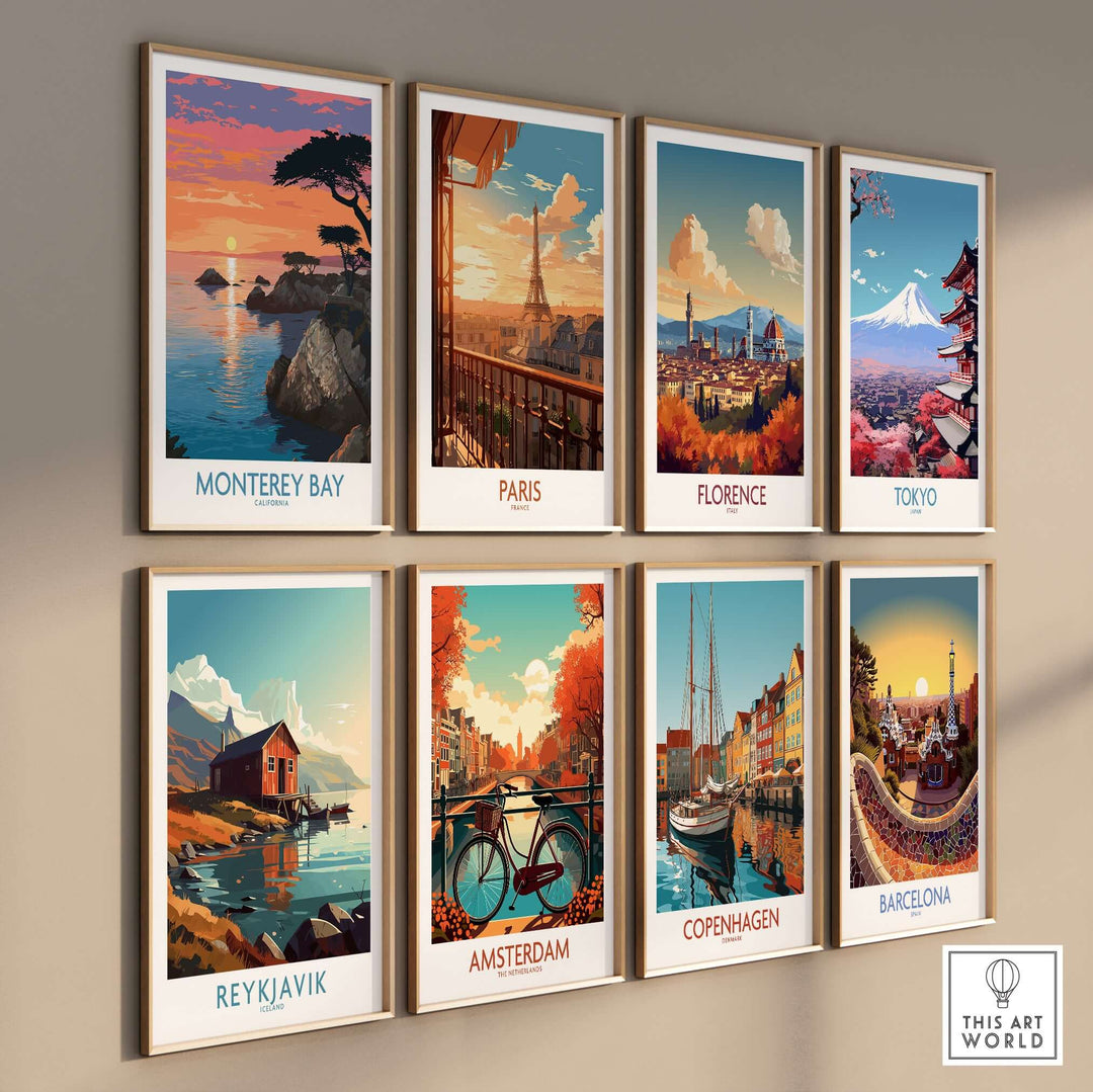 Various travel posters including Monterey Bay, Paris, and Tokyo, showcasing stunning coastal and city landscapes.