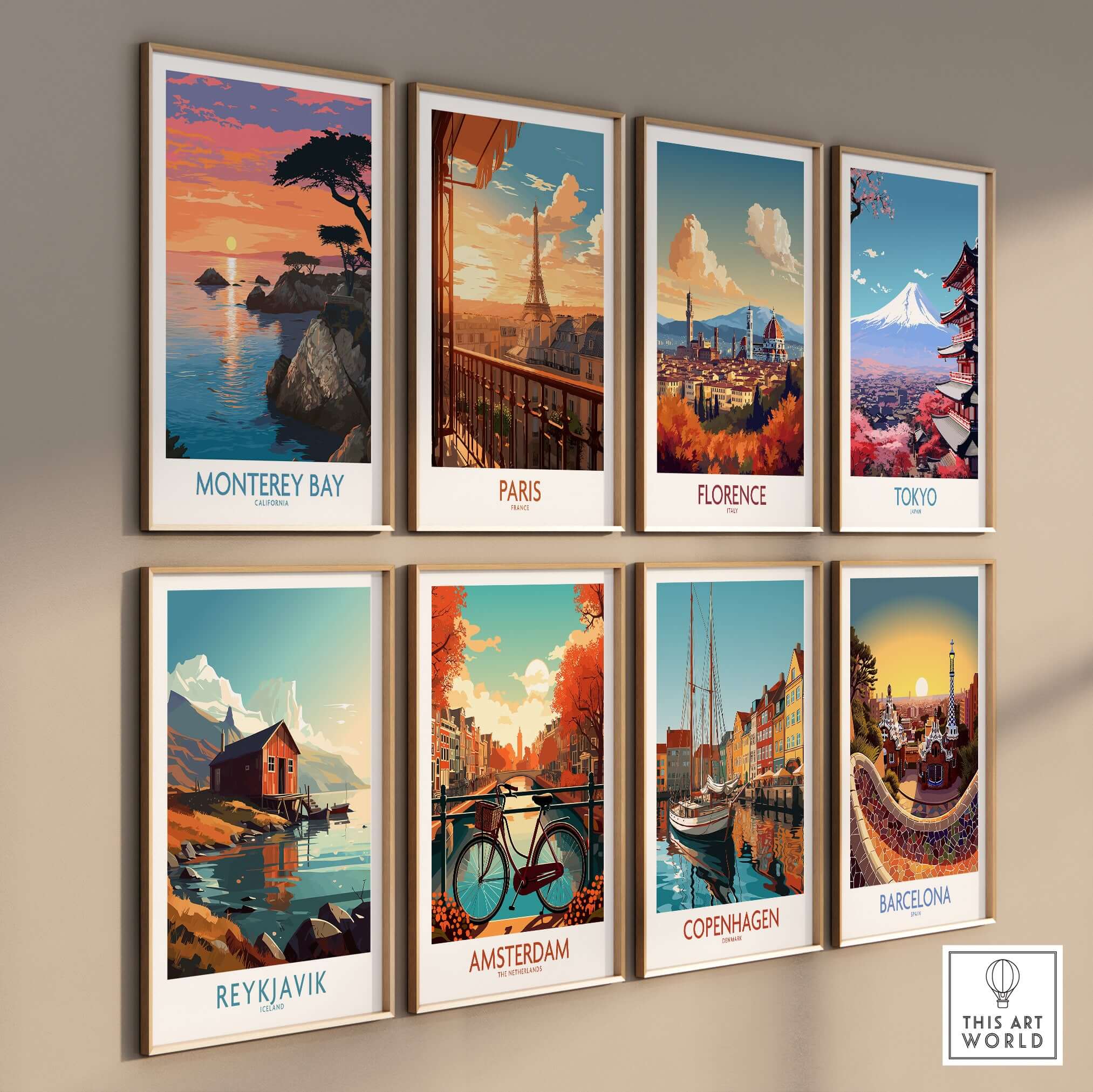 Monterey Bay Poster California Coastal Decor collection of travel-inspired artwork showcasing global cityscapes.
