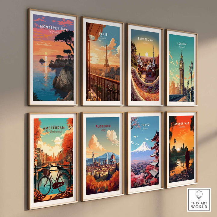 Collection of vibrant city prints including Monterey Bay, Paris, Barcelona, and London, showcasing iconic landscapes.