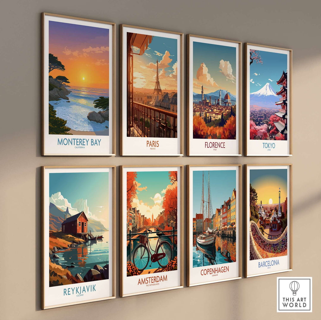 Gallery of travel posters featuring Monterey Bay, Paris, Florence, Tokyo, Reykjavik, Amsterdam, Copenhagen, and Barcelona.