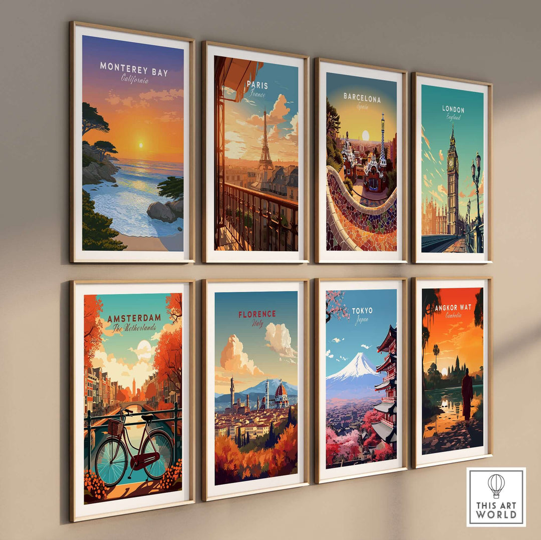 Gallery of travel prints featuring Monterey Bay, Paris, Barcelona, London, Amsterdam, Florence, Tokyo, and Angkor Wat.