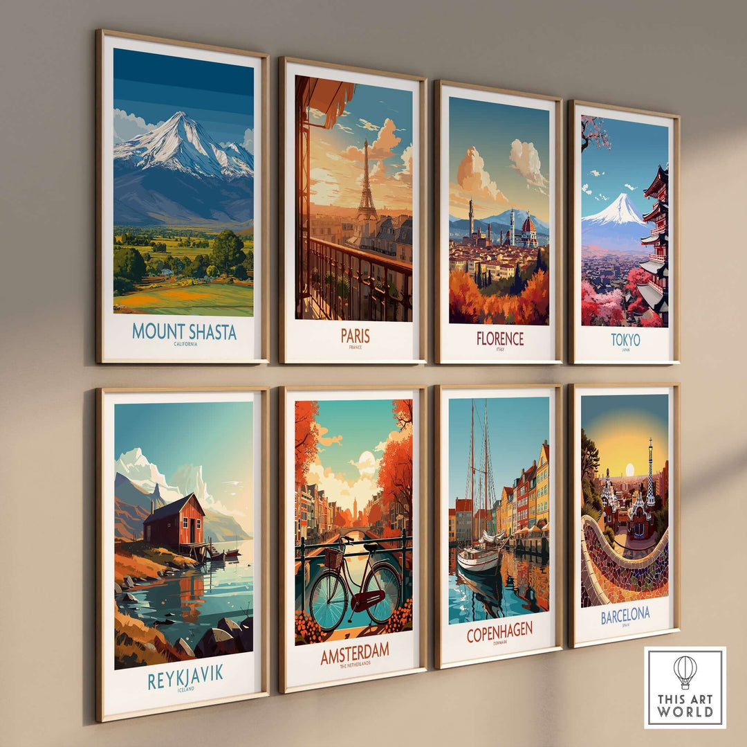 Colorful travel poster collection featuring Mount Shasta, Paris, Florence, Tokyo, Reykjavik, Amsterdam, Copenhagen, and Barcelona.