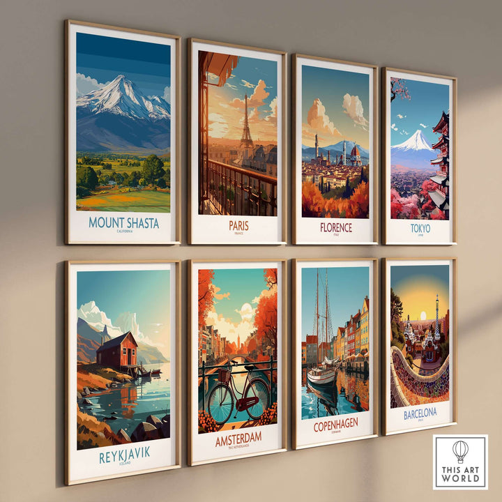 Colorful travel poster collection featuring Mount Shasta, Paris, Florence, Tokyo, Reykjavik, Amsterdam, Copenhagen, and Barcelona.
