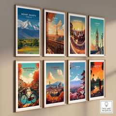 Mount Shasta California Print - Northern California Wall Art displayed among various city prints in a stylish gallery wall.