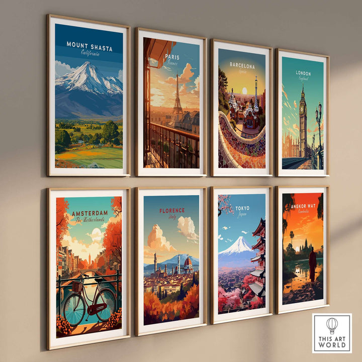 Collection of travel posters featuring Mount Shasta, Paris, Barcelona, London, Amsterdam, Florence, Tokyo, and Angkor Wat.