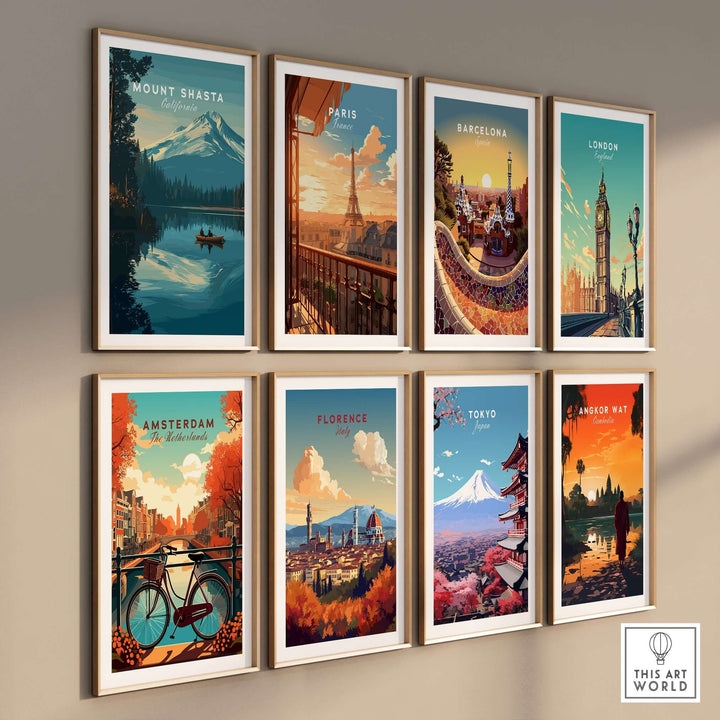 Gallery of framed travel art prints featuring Mount Shasta, Paris, Barcelona, London, Amsterdam, Florence, Tokyo, and Angkor Wat.