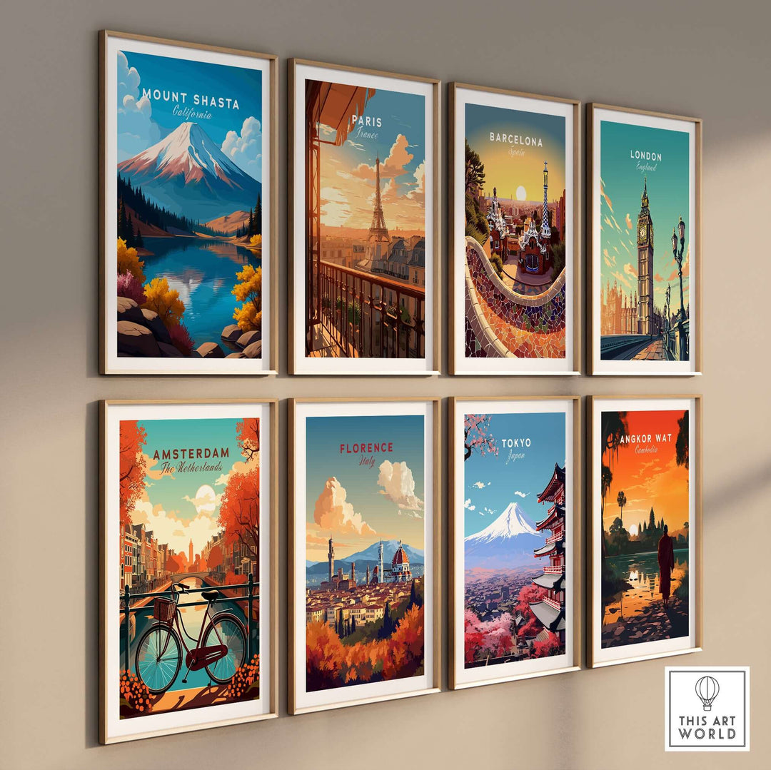 Collection of travel prints featuring Mount Shasta, Paris, Barcelona, London, and more on a gallery wall.