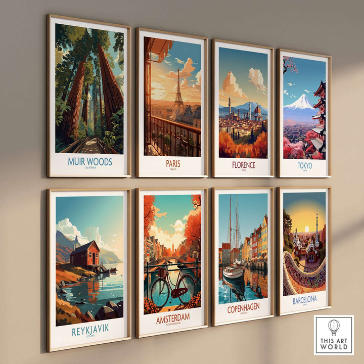 Gallery of travel posters featuring Muir Woods, Paris, Florence, Tokyo, Reykjavik, Amsterdam, Copenhagen, and Barcelona.