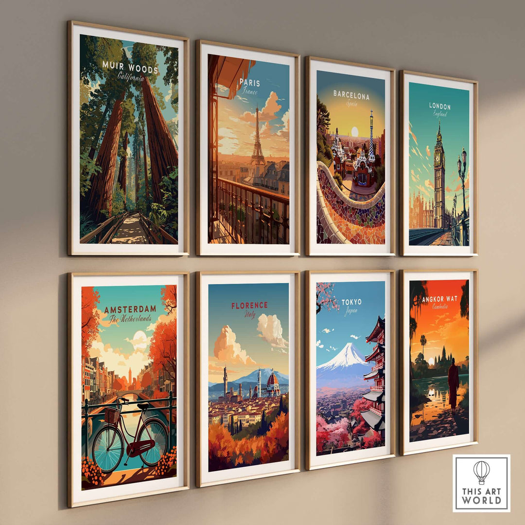 Gallery of travel posters featuring Muir Woods, Paris, Barcelona, London, Amsterdam, Florence, Tokyo, and Angkor Wat.