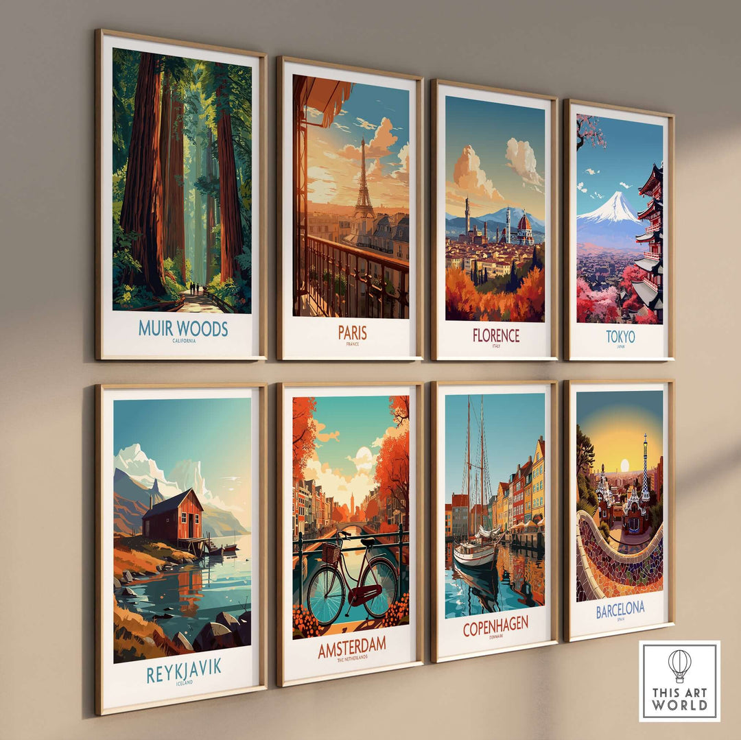 Gallery of travel wall art featuring Muir Woods, Paris, Florence, Tokyo, Reykjavik, Amsterdam, Copenhagen, and Barcelona.