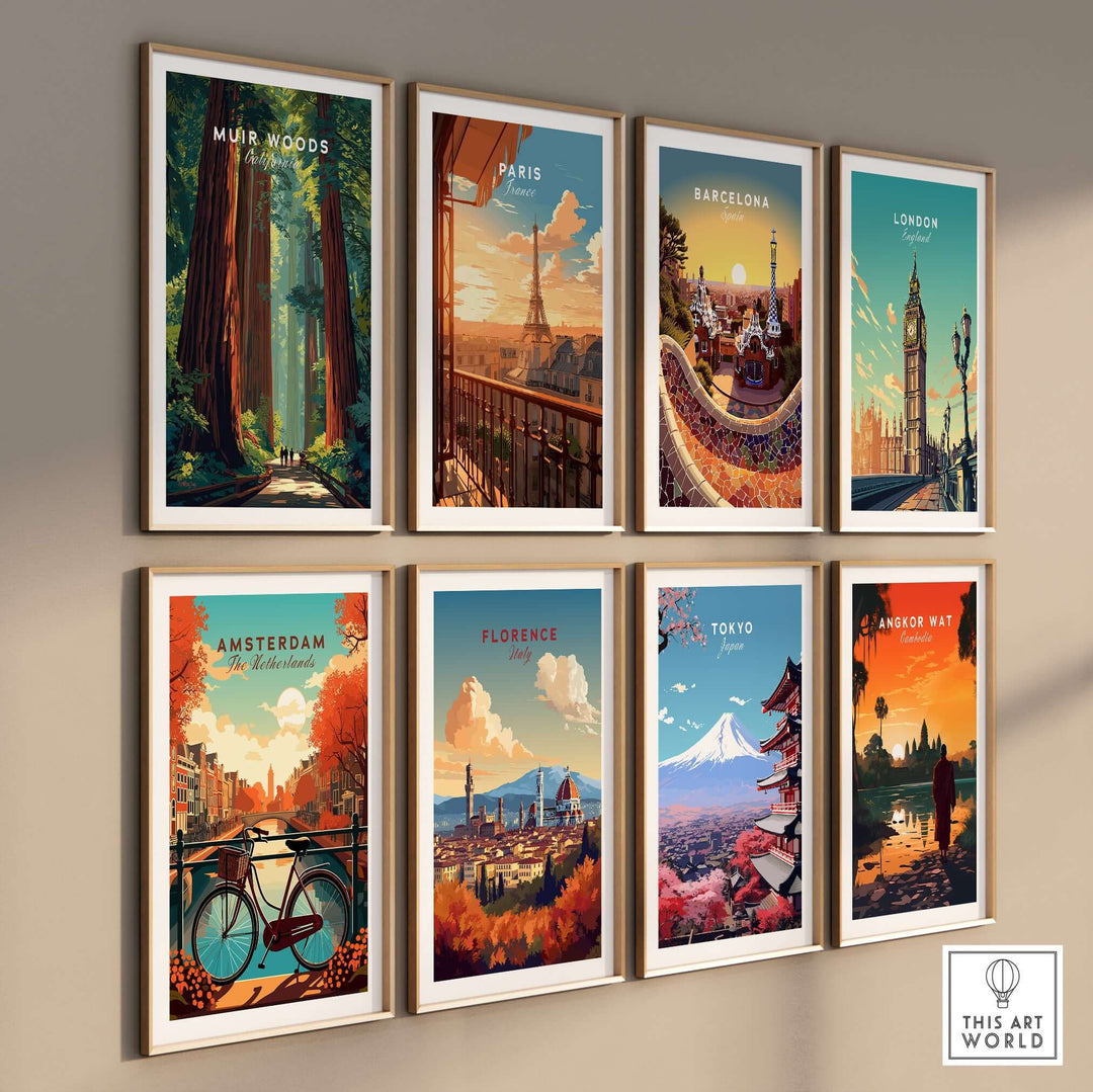 Gallery wall of vibrant travel posters including Muir Woods, Paris, and Barcelona, showcasing iconic landmarks and landscapes.