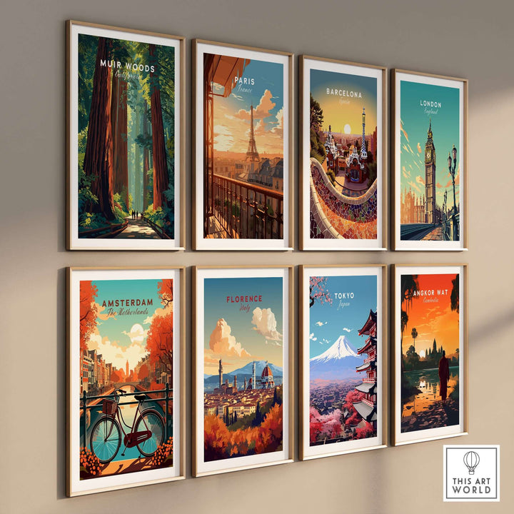 Gallery wall of vibrant travel posters including Muir Woods, Paris, and Barcelona, showcasing iconic landmarks and landscapes.