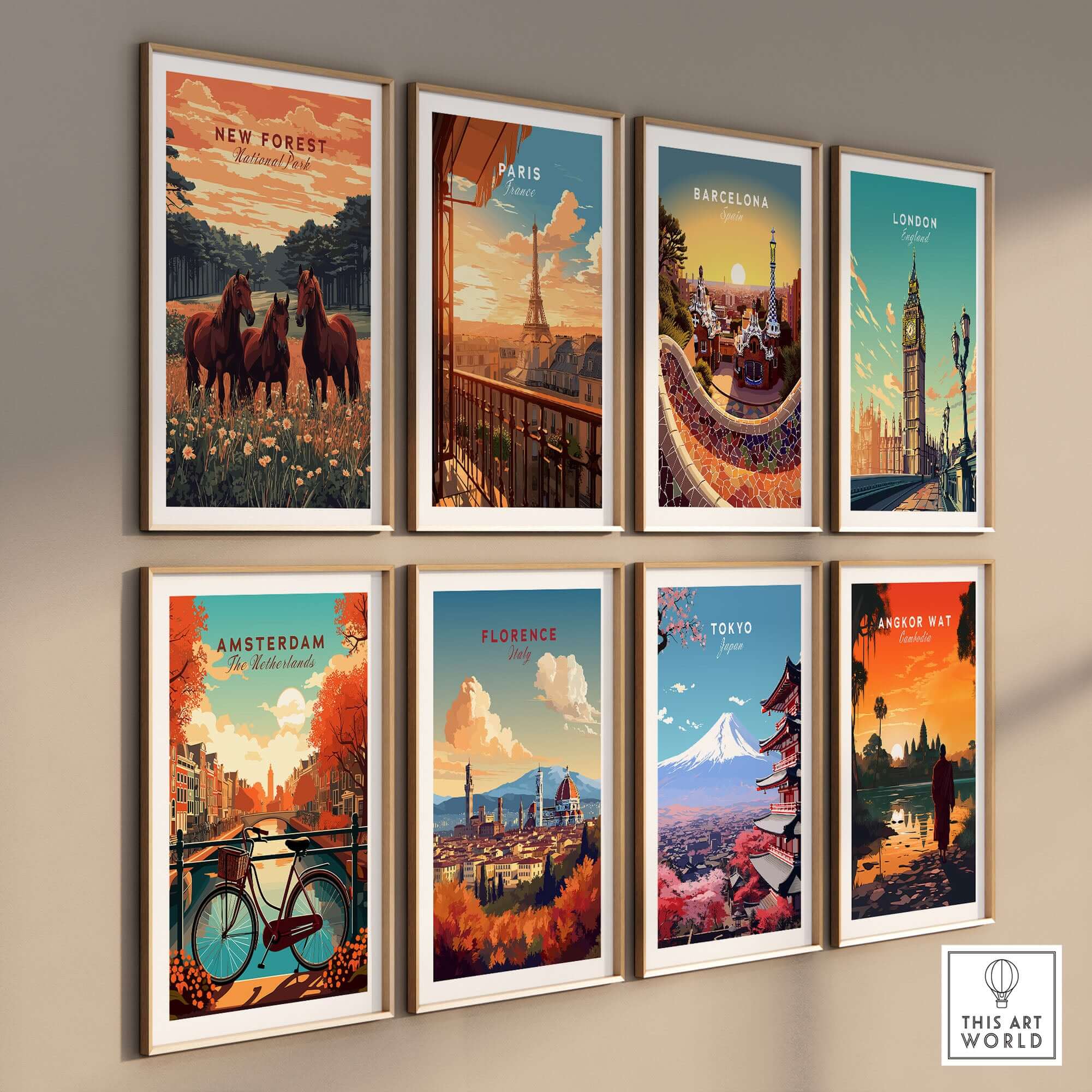 New Forest Print showcased among various city posters, highlighting nature and travel inspirations in a stylish gallery wall.