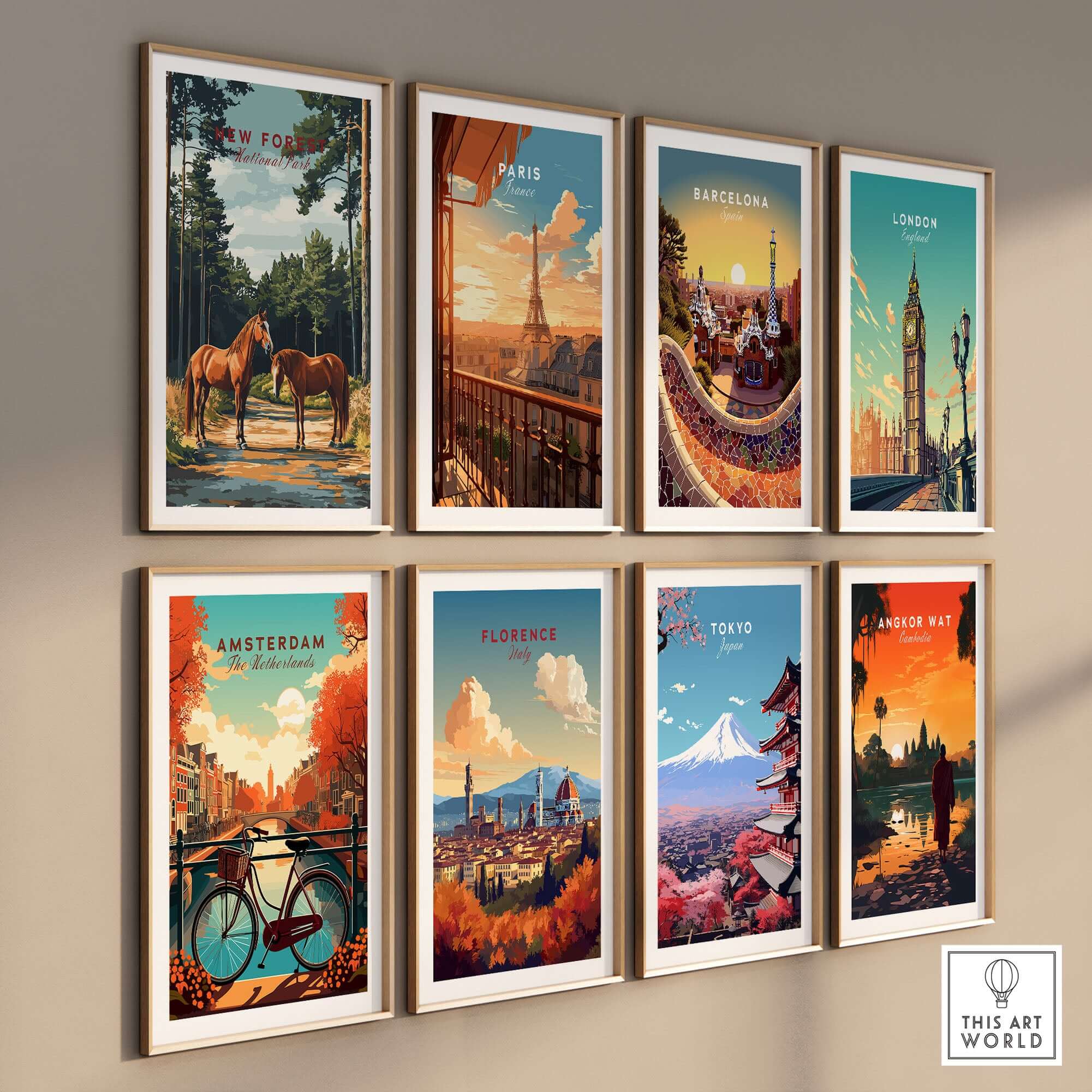 New Forest Print National Park artwork featuring majestic horses and scenic landscapes in a gallery wall display.