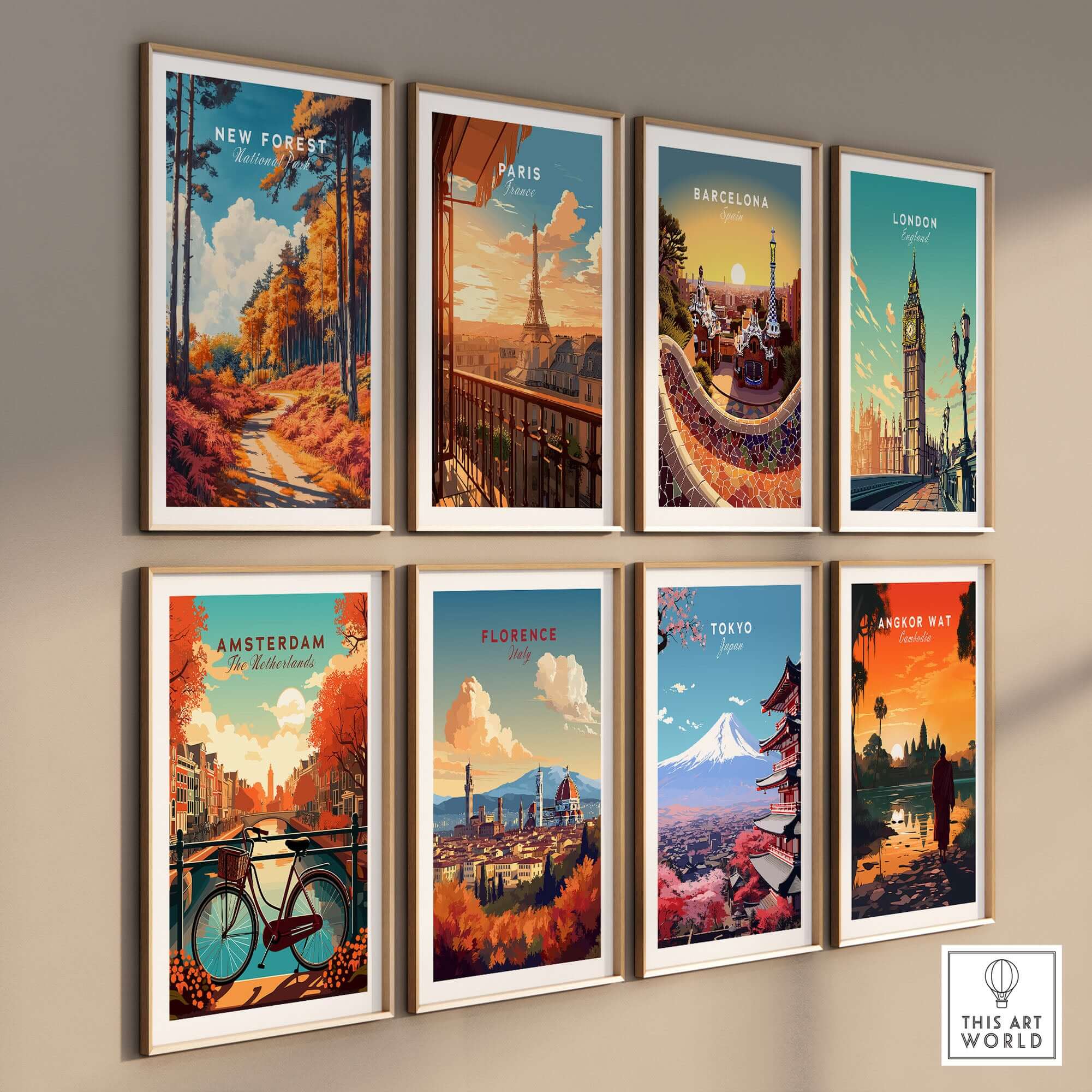 New Forest Travel Poster England and other vibrant city posters displayed in a stylish wall art arrangement.