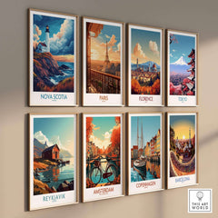 Art collection of travel posters including Nova Scotia Travel Poster, Paris, Florence, Tokyo, Reykjavik, Amsterdam, Copenhagen, and Barcelona.