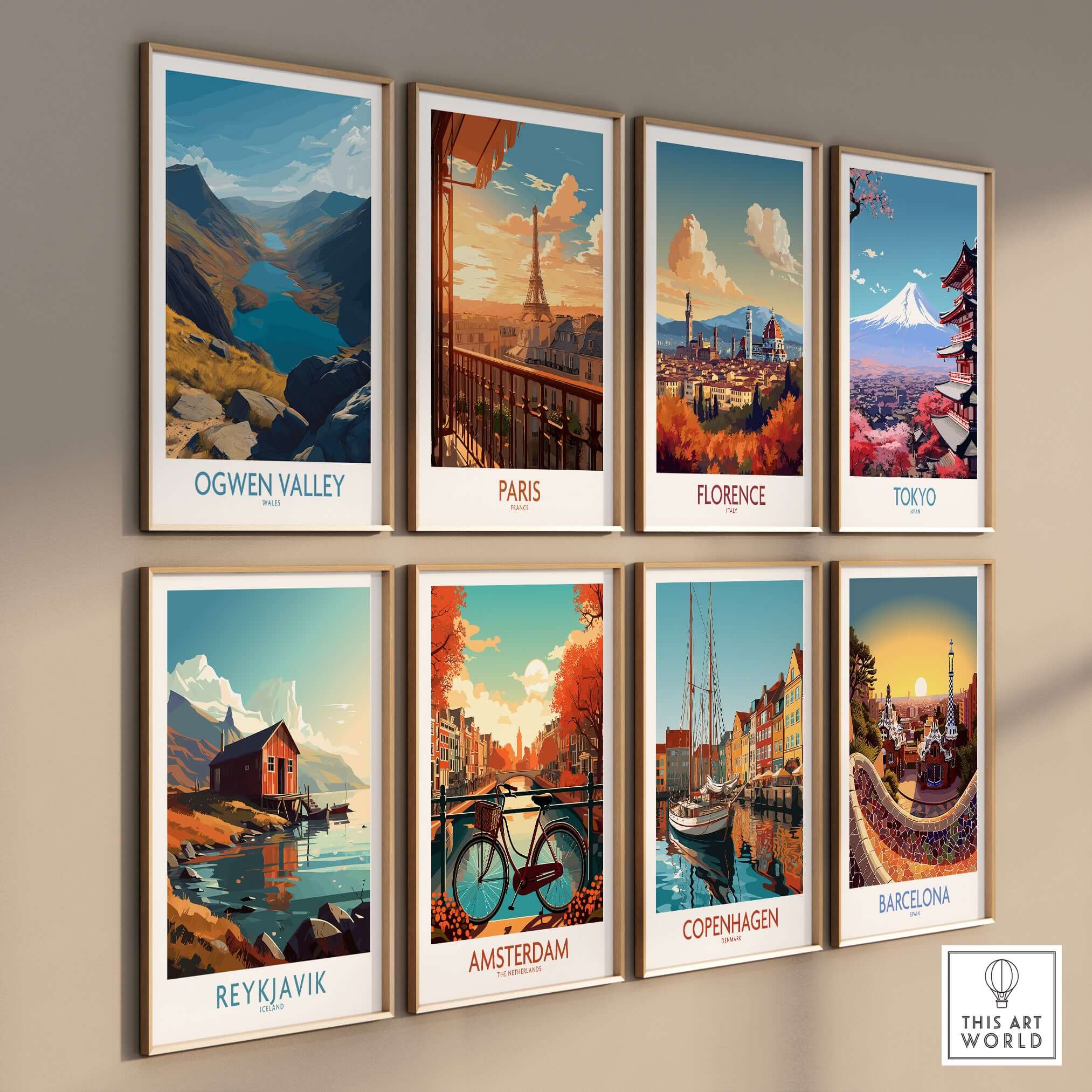 Ogwen Valley Wales Poster Blue Lakes & Peaks - Welsh Wilderness Decor displayed among various travel posters.