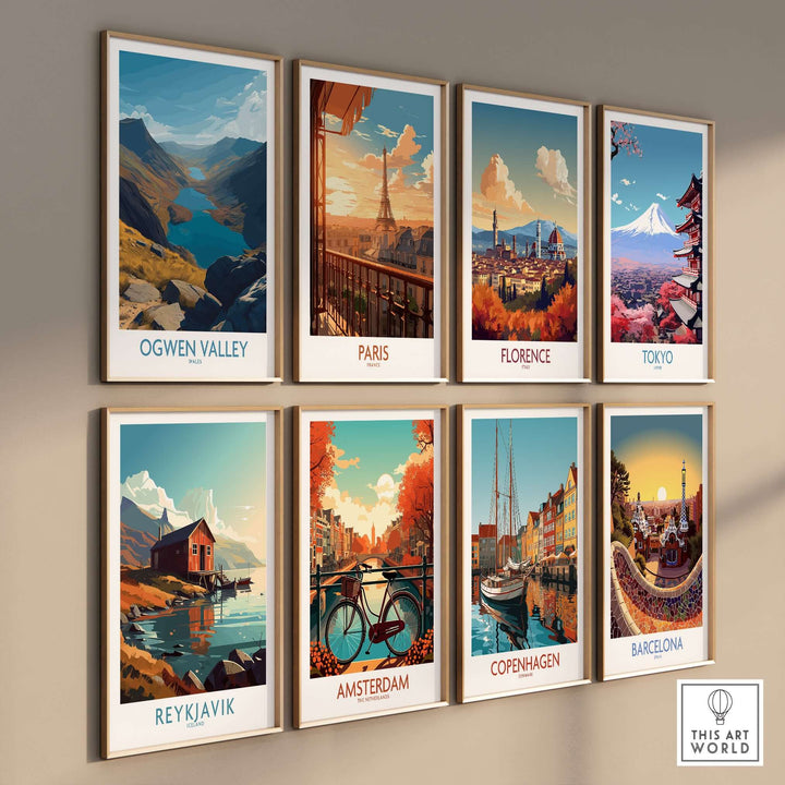 Gallery of travel posters featuring Ogwen Valley, Paris, Florence, Tokyo, Reykjavik, Amsterdam, Copenhagen, and Barcelona.