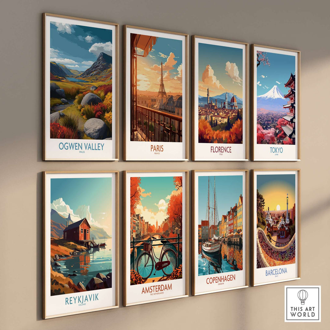 Ogwen Valley wall art and travel prints featuring landscapes from various cities including Paris, Florence, and Tokyo.