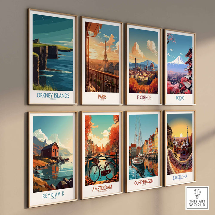 Vibrant wall art featuring Orkney Islands and famous cities like Paris, Florence, and Tokyo in a stylish gallery display.