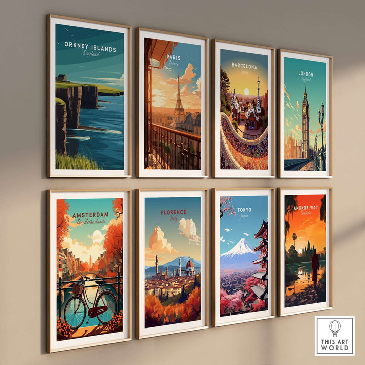 Gallery of travel posters featuring Orkney Islands, Paris, Barcelona, London, and more on a wall.