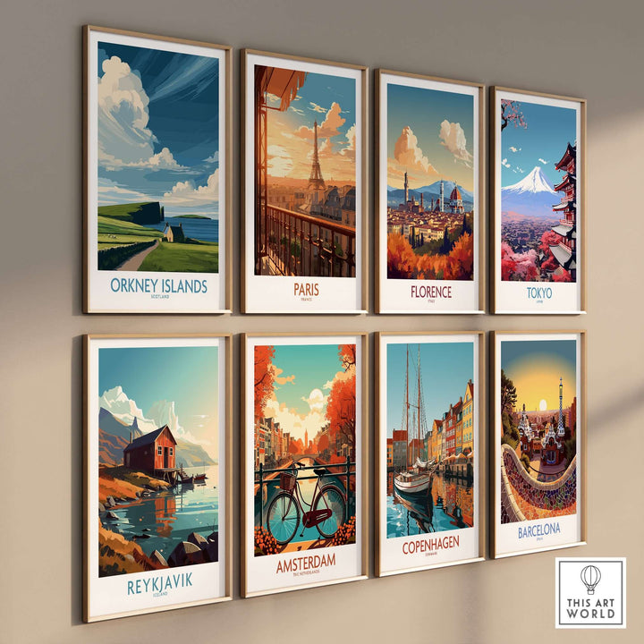 Gallery of travel wall art featuring Orkney Islands, Paris, Florence, Tokyo, Reykjavik, Amsterdam, Copenhagen, and Barcelona.