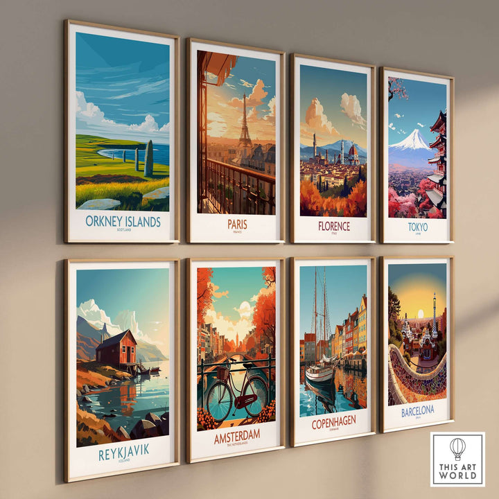 Colorful travel posters of scenic cities including Orkney Islands, Paris, Florence, Tokyo, and more.