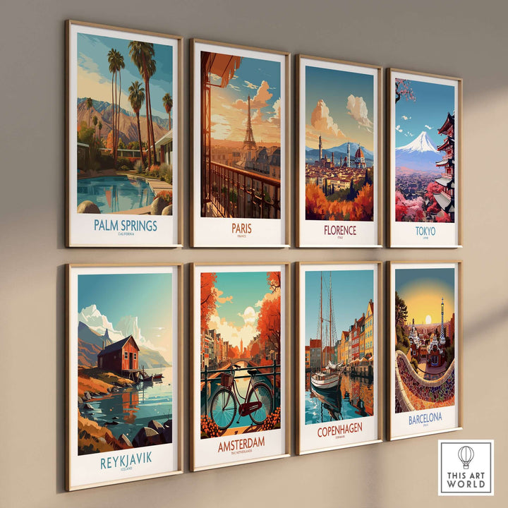 Gallery of travel prints featuring Palm Springs, Paris, Florence, Tokyo, Reykjavik, Amsterdam, Copenhagen, and Barcelona.