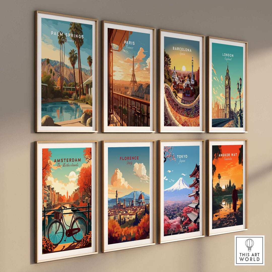 Gallery of travel posters featuring Palm Springs, Paris, Barcelona, London, Amsterdam, Florence, Tokyo, and Angkor Wat.