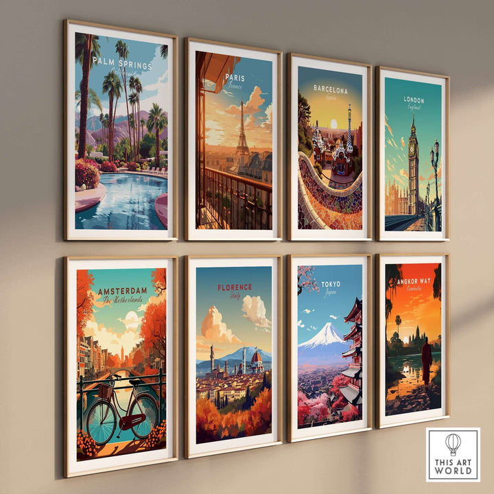 Collection of vibrant cityscape prints featuring Palm Springs, Paris, Barcelona, London, Amsterdam, Florence, Tokyo, Angkor Wat.