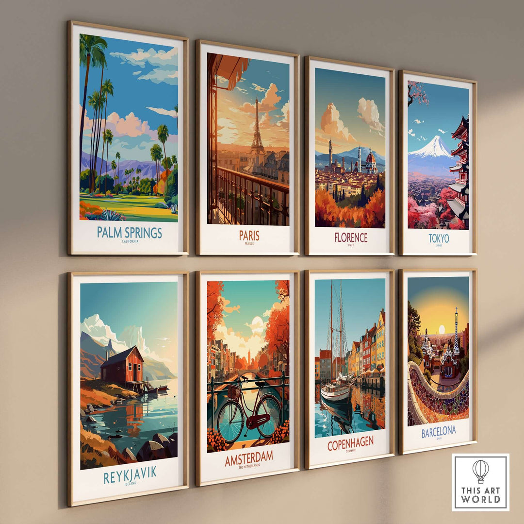 Colorful travel posters featuring Palm Springs, Paris, Florence, Tokyo, Reykjavik, Amsterdam, Copenhagen, and Barcelona.
