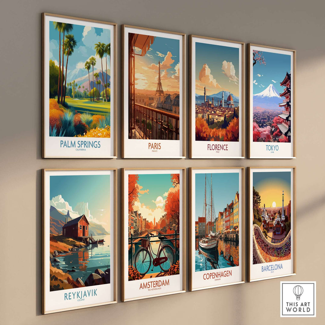 Collection of vibrant travel posters including Palm Springs, Paris, Florence, Tokyo, Reykjavik, Amsterdam, Copenhagen, and Barcelona.