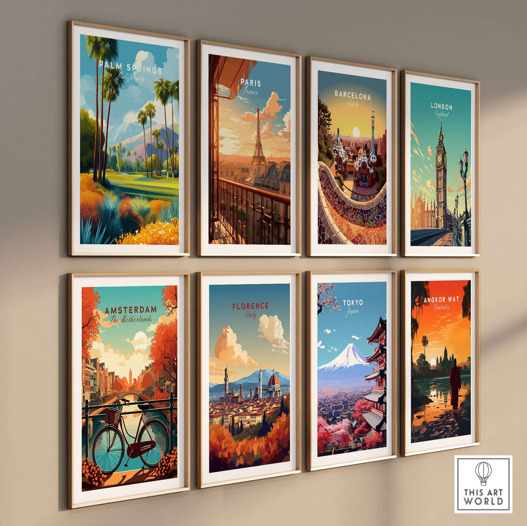 Gallery wall showcasing travel-inspired artworks from Palm Springs, Paris, Barcelona, London, Amsterdam, Florence, Tokyo, and Angkor Wat.