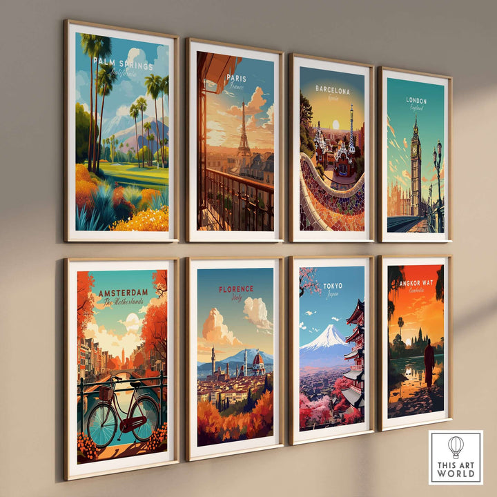 Gallery wall showcasing travel-inspired artworks from Palm Springs, Paris, Barcelona, London, Amsterdam, Florence, Tokyo, and Angkor Wat.
