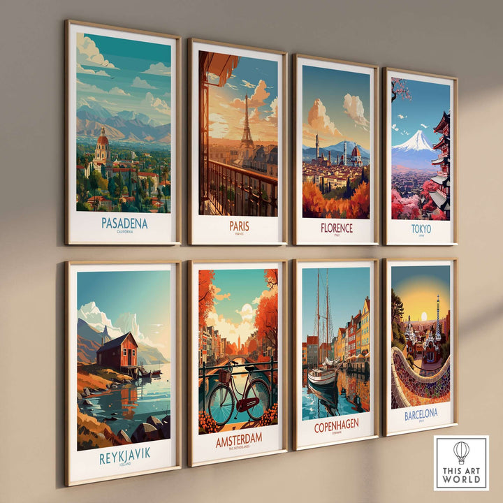 Gallery of vibrant city skyline art prints including Pasadena, Paris, Florence, Tokyo, Reykjavik, Amsterdam, Copenhagen, and Barcelona.