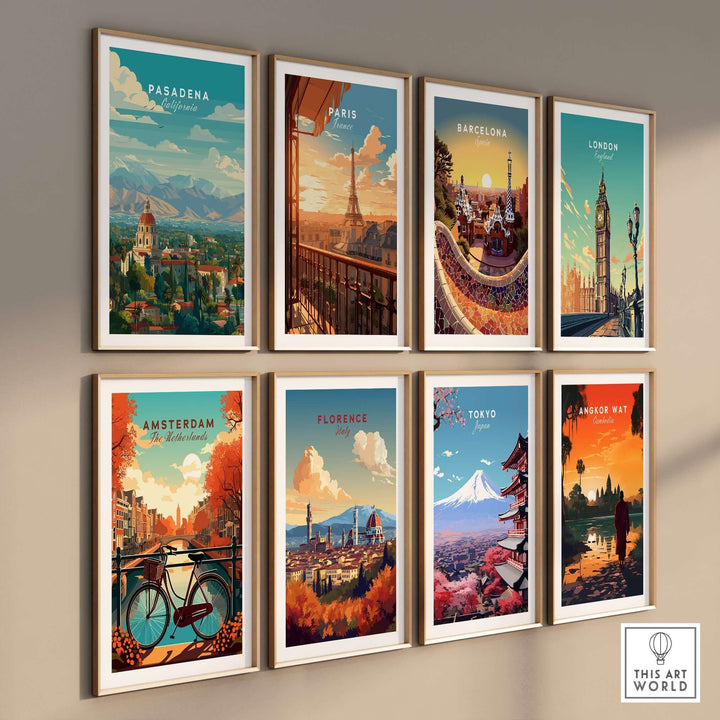 Gallery wall featuring city prints of Pasadena, Paris, Barcelona, London, Amsterdam, Florence, Tokyo, and Angkor Wat.