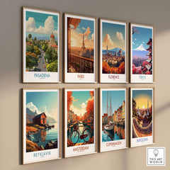 Pasadena Wall Art - California Travel Poster showcased in a collection of vibrant city posters on a gallery wall.